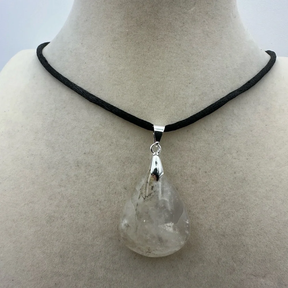 Dendritic Quartz Teardrop Pendant Necklace on Black Satin Tope